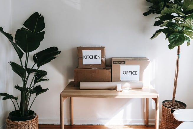 Moving boxes on a table, with a fiddle leaf fig tree and banana leaf plant in wicker basket pots